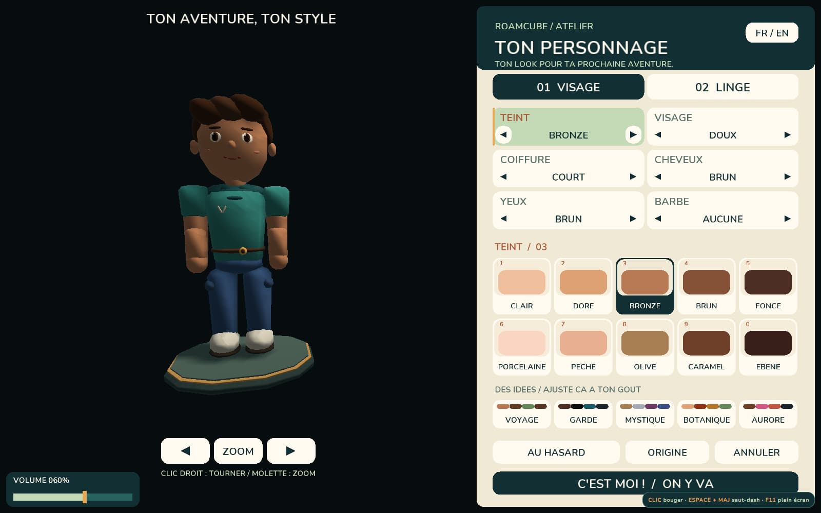 Atelier de personnage de RoamCube : personnage sculpté et options de personnalisation dans une interface crème, sauge et pétrole